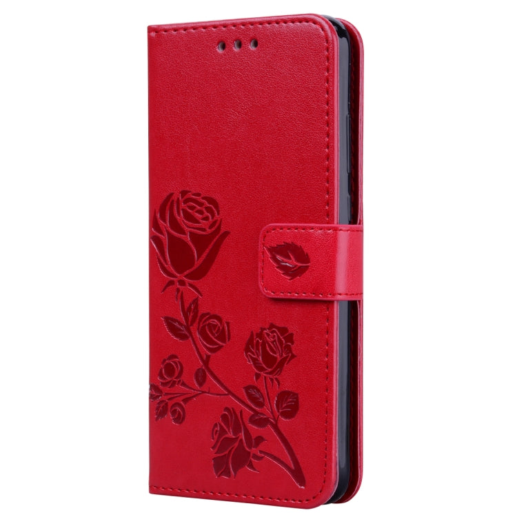 Red embossed rose PU leather flip phone case with card holder