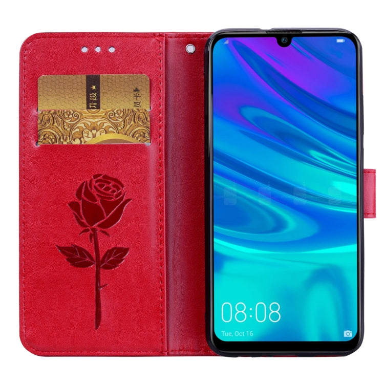 Red PU leather flip phone case showing card slot and embossed rose design