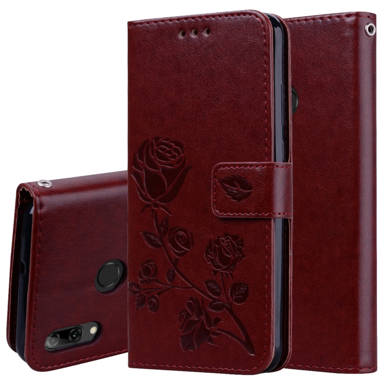 Dark brown embossed rose PU leather flip phone case with card holder