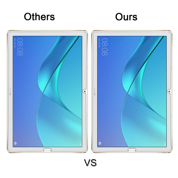 Tempered glass screen protector on tablet shown in before-and-after views