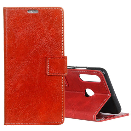 Orange folio leather phone wallet case with flip cover, card slots, and camera cutout for Huawei P30 Lite