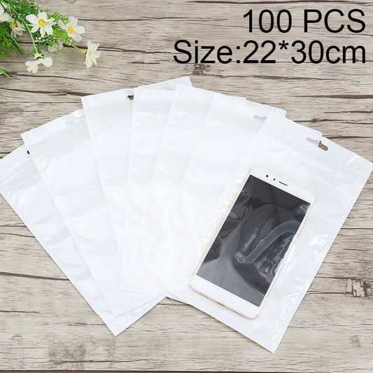 White clear-front jewelry zip bag with hang hole, holds a tablet or phone