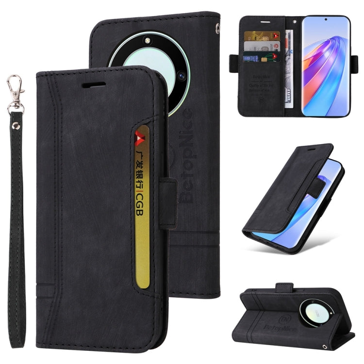 Black leather phone wallet case with wrist strap and card slots, flip cover with magnet.