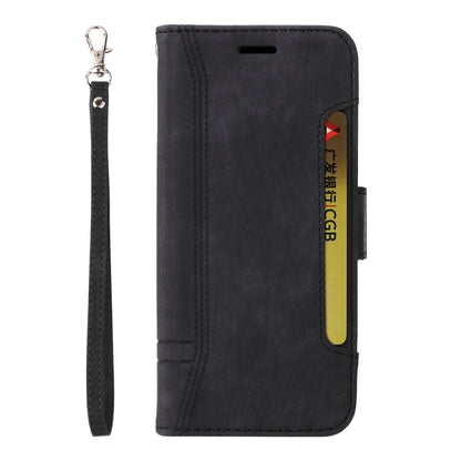 Black leather phone wallet case with wrist strap, front card slot and stitched flip cover.