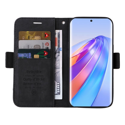 Black leather phone wallet case with card slots and flip cover, phone screen facing forward.