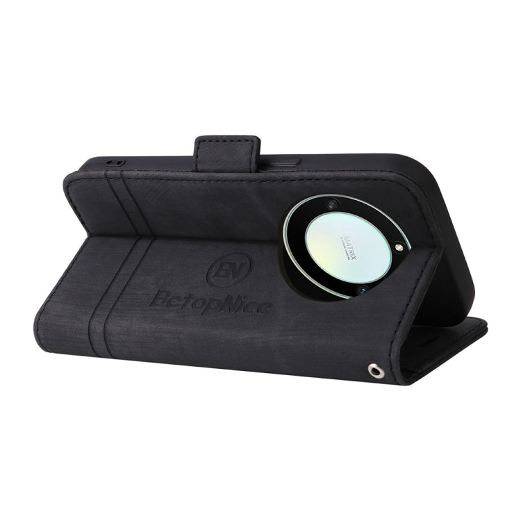 Black leather phone wallet case with kickstand flip cover and circular magnetic design.