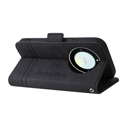 Black leather phone wallet case with kickstand flip cover and circular magnetic design.