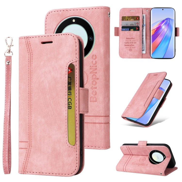 Pink leather phone wallet case with wrist strap and card slots, flip cover with magnet.