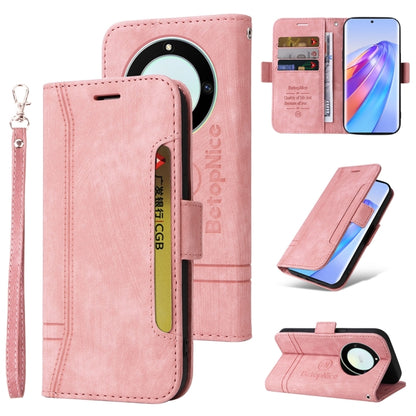 Pink leather phone wallet case with wrist strap and card slots, flip cover with magnet.