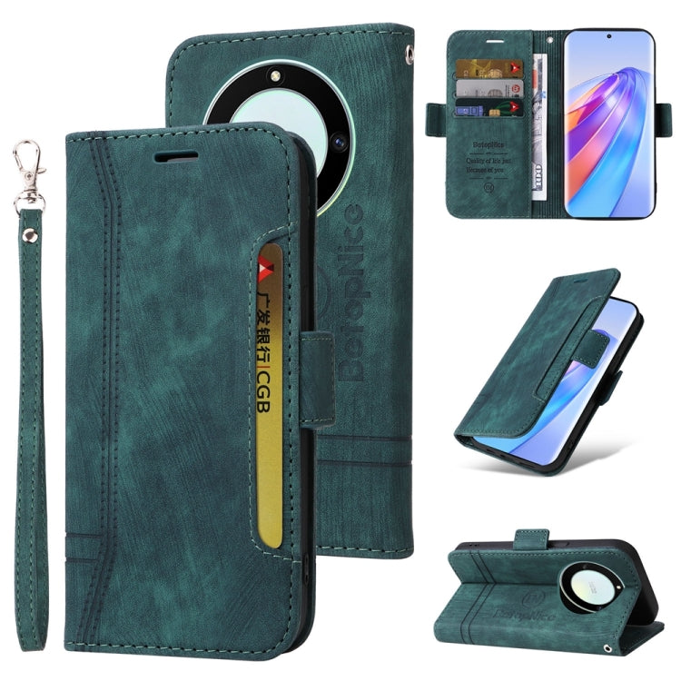 Green leather phone wallet case with wrist strap and card slots, flip cover with magnet.