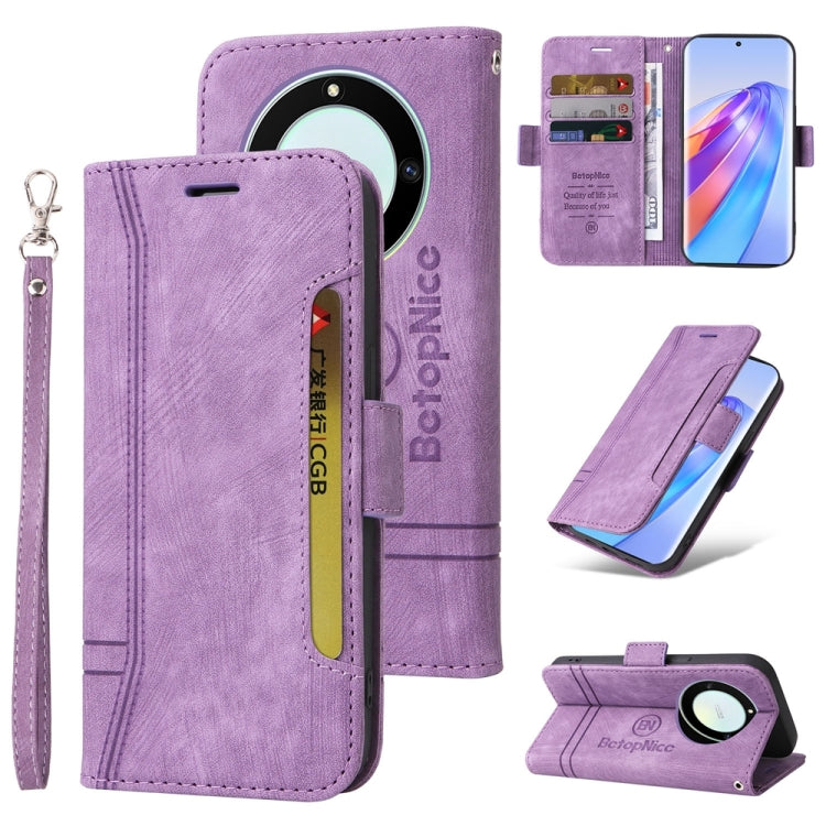 Purple leather phone wallet case with wrist strap and card slots, flip cover with magnet.