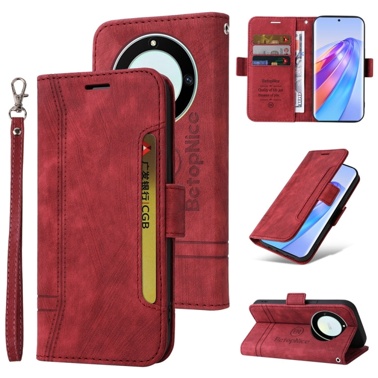Red leather phone case with dual-side buckle, card slots, and wallet stand