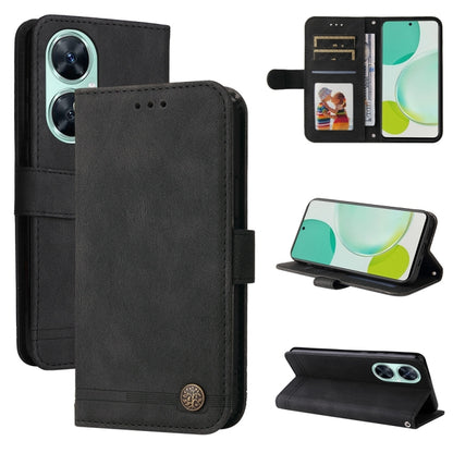 Black leather-style phone wallet case with flip cover, card slots, and metal button.