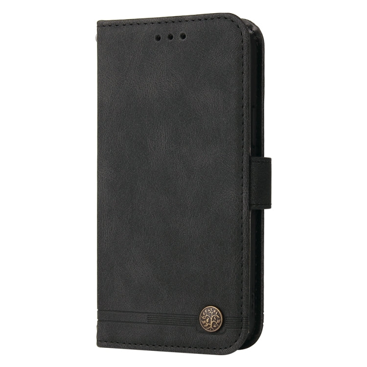 Black leather-style phone wallet case with flip cover and stitched edge.