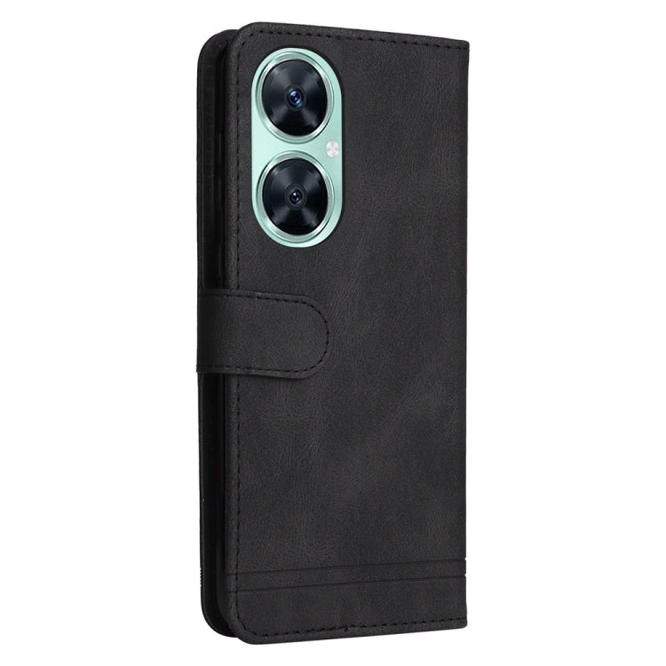 Black leather-style phone flip case with dual-camera cutout and side strap.