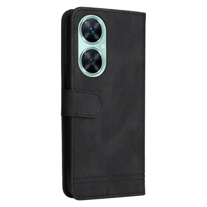 Black leather-style phone flip case with dual-camera cutout and side strap.
