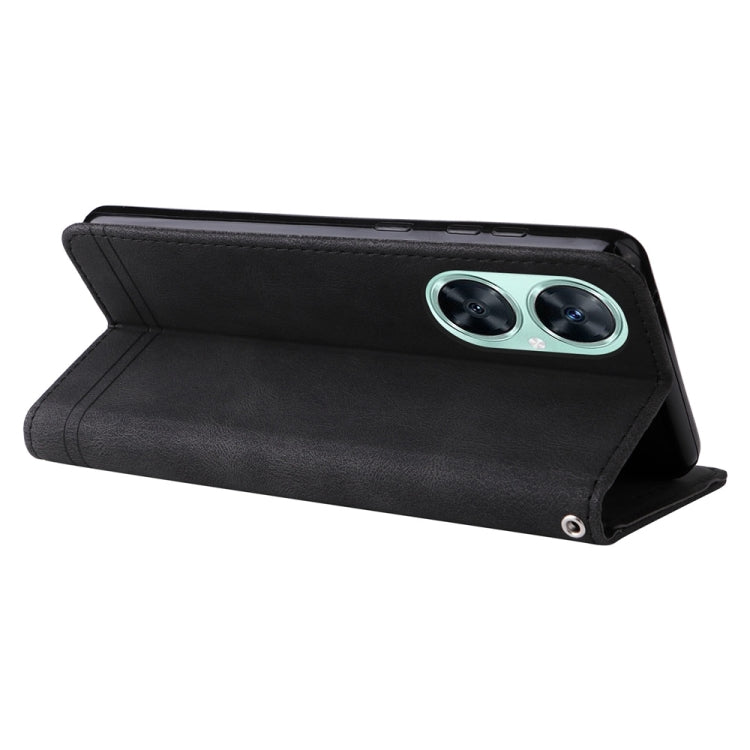 Black leather-style phone case with kickstand and dual-camera cutout.