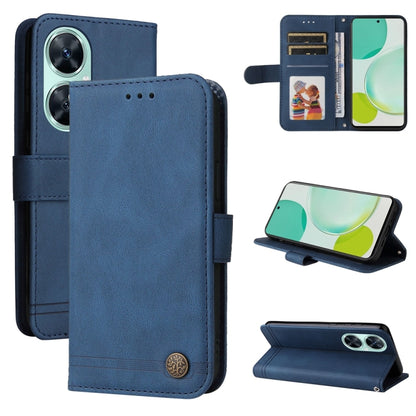Blue leather-style phone wallet case with flip cover, card slots, and metal button.