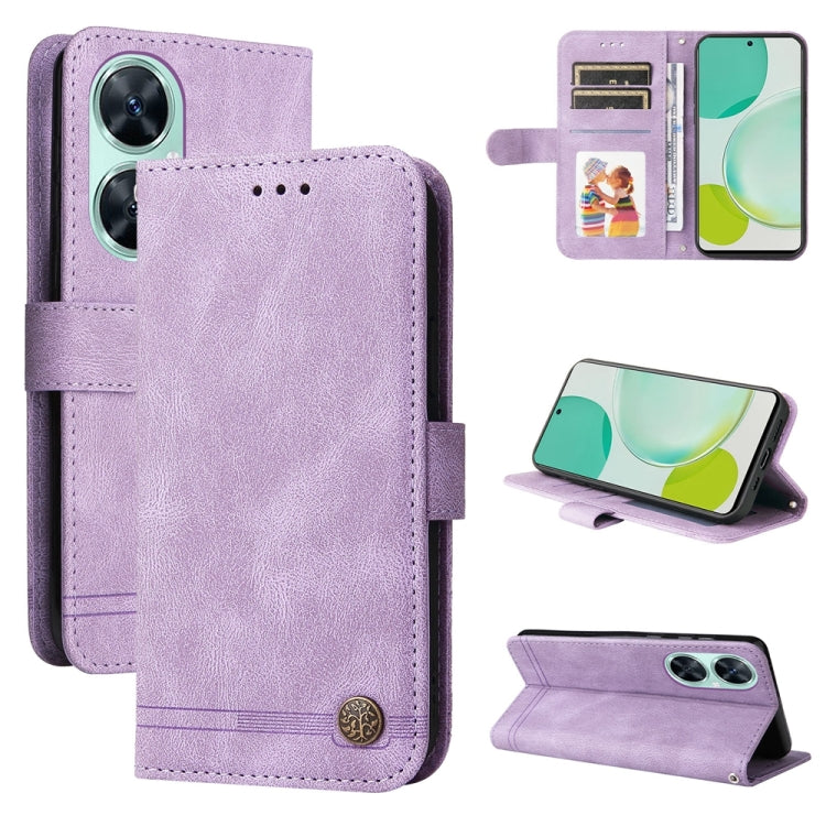 Purple leather-style phone wallet case with flip cover, card slots, and metal button.