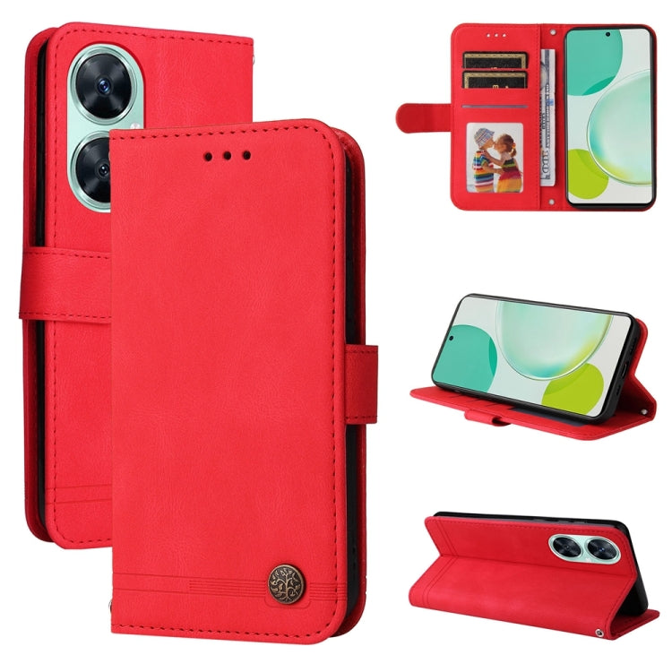 Red leather-style phone wallet case with flip cover, card slots, and metal button.
