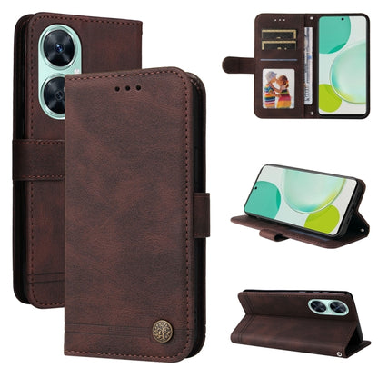 Brown leather-style phone wallet case with flip cover, card slots, and metal button.
