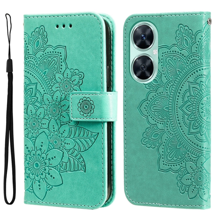 Green embossed floral leather phone wallet case with magnetic strap and wrist lanyard.