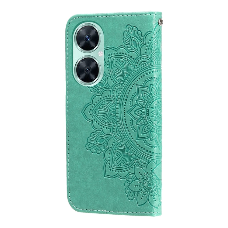 Green embossed floral leather phone case with dual camera cutouts.