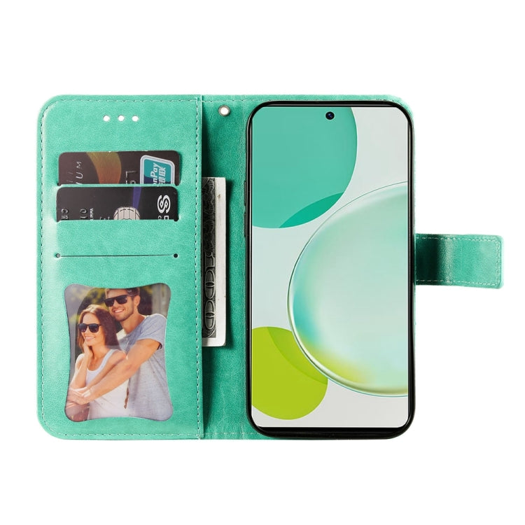 Green leather phone wallet case with card slots and side magnetic clasp.