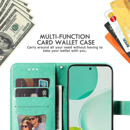 Green leather phone wallet case with card slots, holding cards and phone.