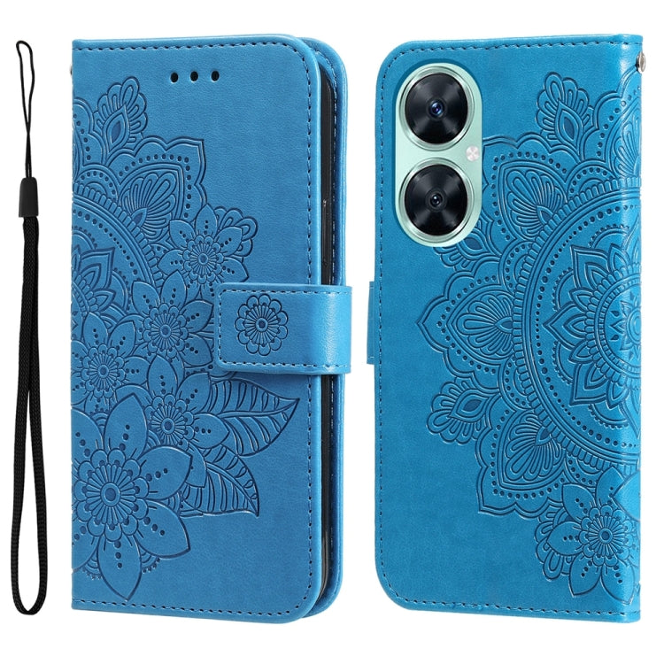Blue embossed floral leather phone wallet case with wrist strap and magnetic band.