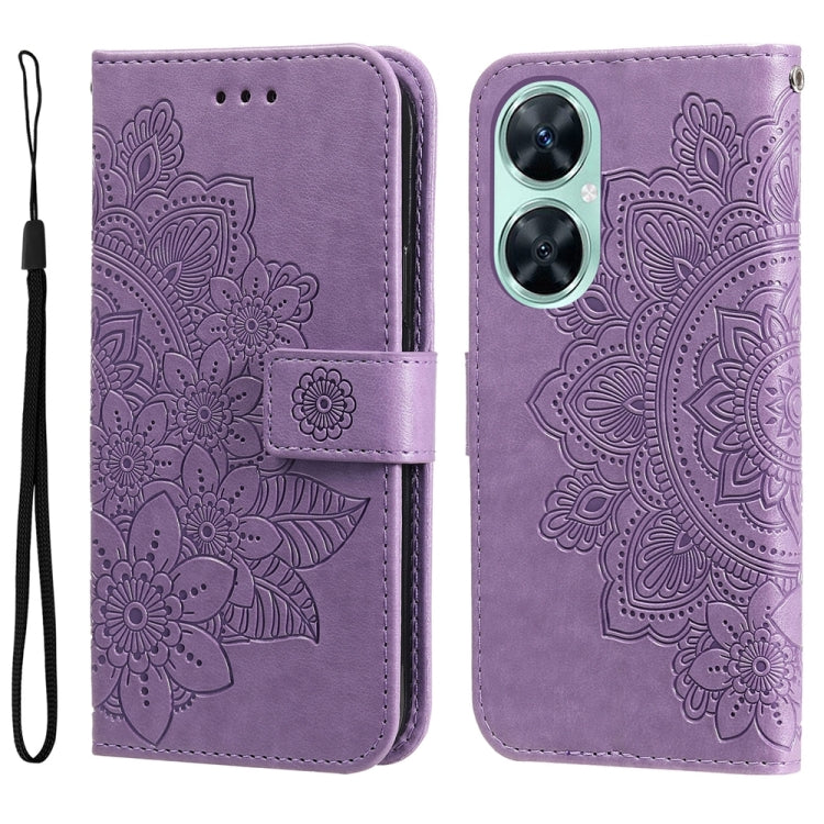 Light purple embossed floral leather phone wallet case with magnetic strap and lanyard.