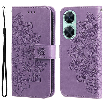 Light purple embossed floral leather phone wallet case with magnetic strap and lanyard.