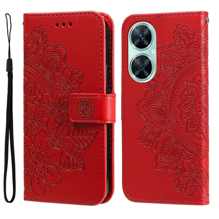 Red floral embossed leather phone case with card slot and wrist strap