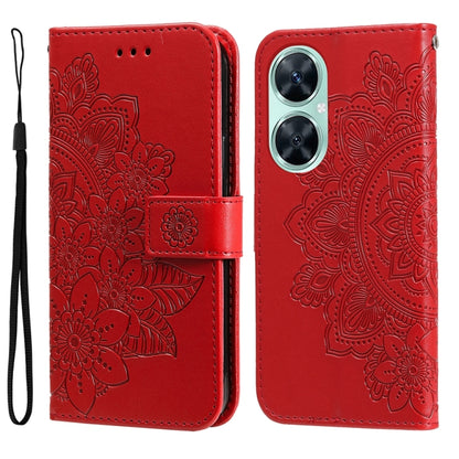Red floral embossed leather phone case with card slot and wrist strap