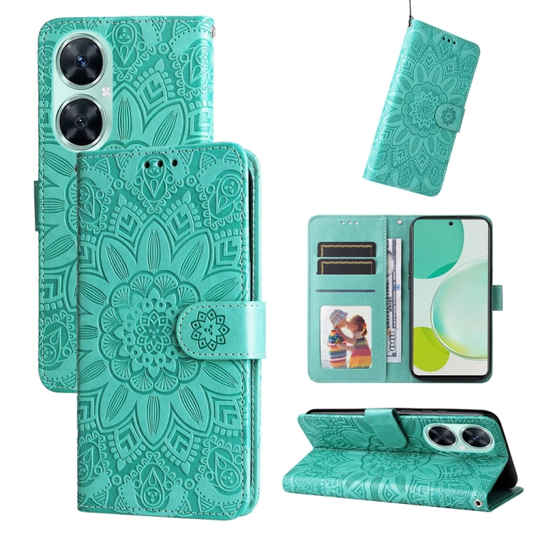 Green embossed sunflower folio phone case with card slots and magnetic strap