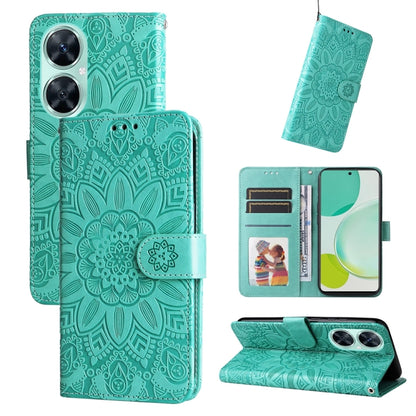 Green embossed sunflower folio phone case with card slots and magnetic strap