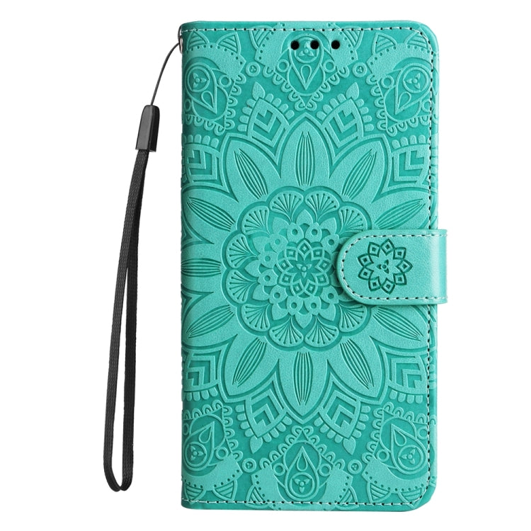 Teal/green embossed sunflower leather folio phone case with wrist strap