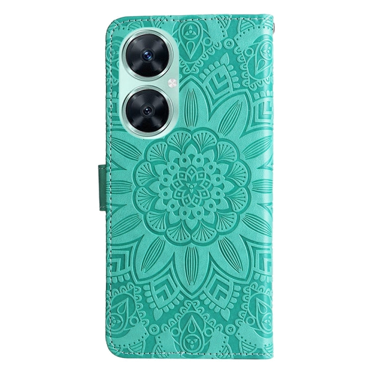 Turquoise embossed sunflower phone case with dual camera cutouts and side buttons