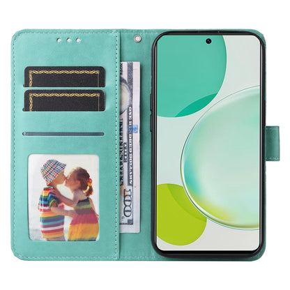 Teal leather folio phone case with card slots and viewing window front