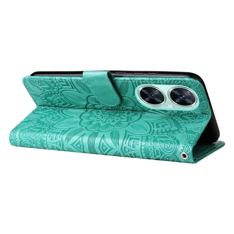 Turquoise embossed sunflower folio phone case with stand and camera opening