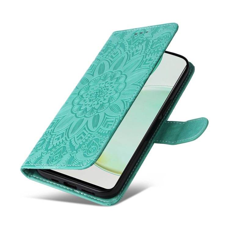 Turquoise embossed sunflower folio phone case with side strap and phone cover