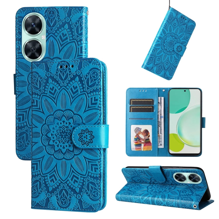 Blue embossed sunflower folio phone case with card slots and magnetic strap