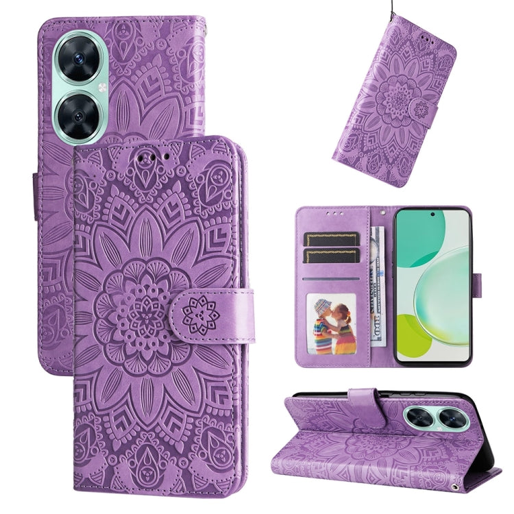 Purple embossed sunflower folio phone case with card slots and magnetic strap