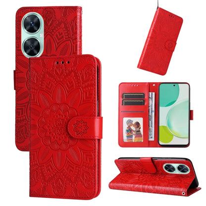 Red embossed sunflower folio phone case with card slots and magnetic strap