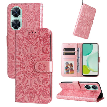 Rose pink embossed sunflower leather wallet phone case with card slots and flip cover