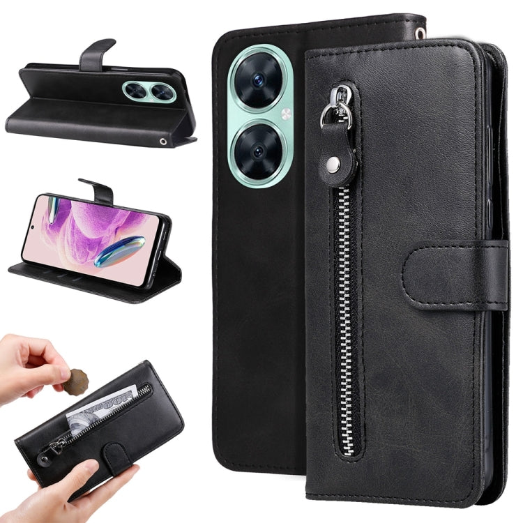Black calf-texture leather phone case with vertical zipper pocket and flip cover