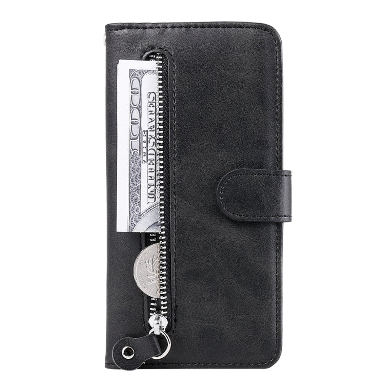 Black leather phone case with snap strap and vertical zipper pocket detail
