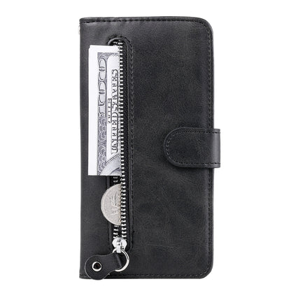 Black leather phone case with snap strap and vertical zipper pocket detail