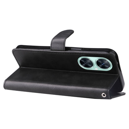 Black leather flip phone case with stand-style cover and camera cutout