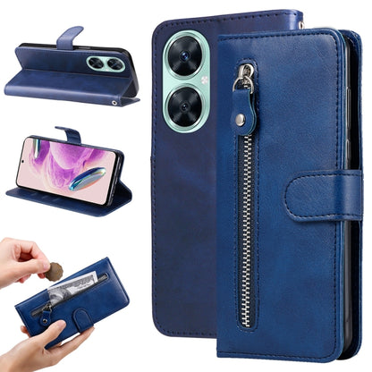 Blue calf-texture leather phone case with vertical zipper pocket and flip cover